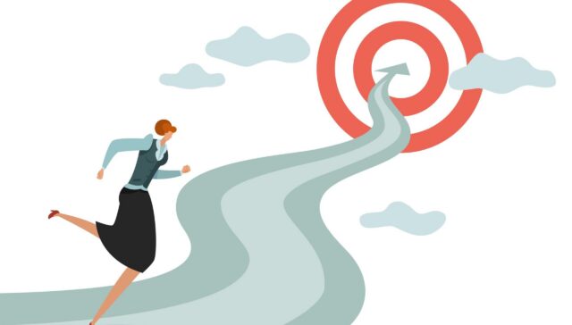 Woman goal. Business young female running to successful career and new goals, winning jumping difficulties vector illustration