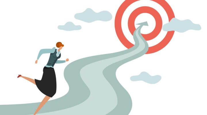 Woman goal. Business young female running to successful career and new goals, winning jumping difficulties vector illustration